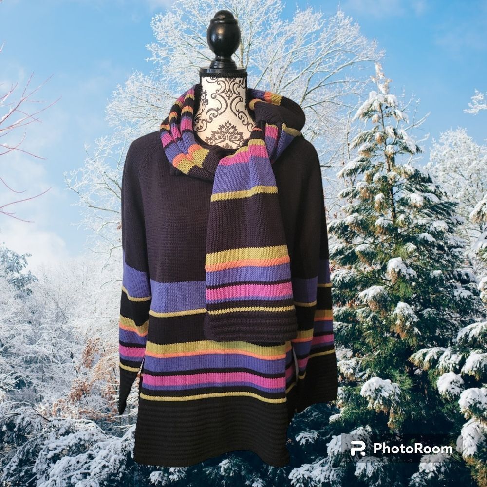 Stan Herman Outside Additions Striped Sweater and Scarf Set L